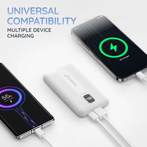 Image of Pebble Rapid Air 22W Fast Charging Power Bank | Compact & Lightweight | Digital Display | Type-C & USB Outputs | 10-Way Circuit Protection - White