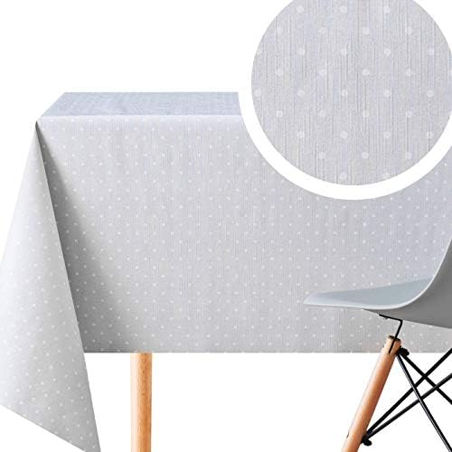 KP HOME Wipe Clean Tablecloth Grey With White PVC Table Cover - Rectangle 200 x 140 cm - Wipeable Vinyl Plastic Table Cloth with Polka Dots Print