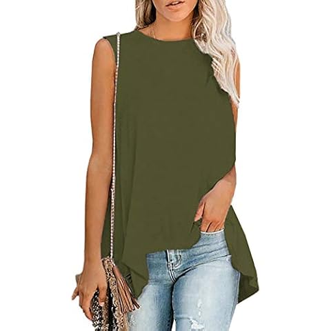 Jedyful Women's Crewneck Sleeveless Swing Tunic High Low Asymmetrical Hem Loose Flowy Tank Top(Green,L) Cover