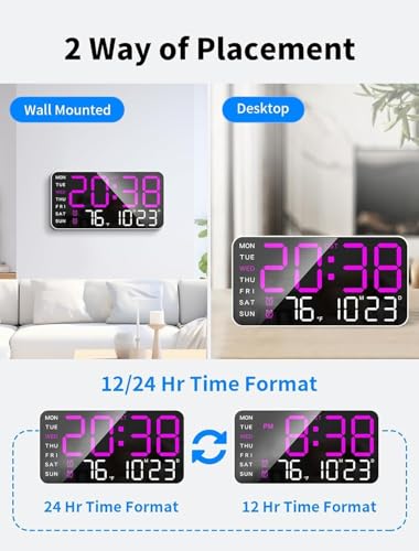 Image of 9 inch LED Digital Wall Clock with Date, Day & Temperature - Dual Alarm, Adjustable Brightness, USB Powered - Large Display for Bedroom, Office & Home Decor [Purple Lights White Body Frame]