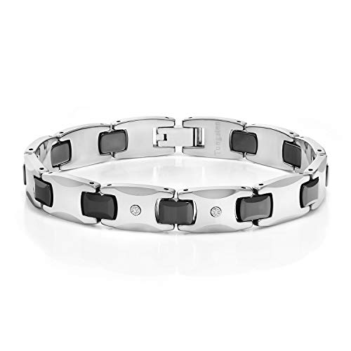 Gem Stone King Men’s Shiny Polished Diamond Tungsten Bracelet with Black Plated Connector Links