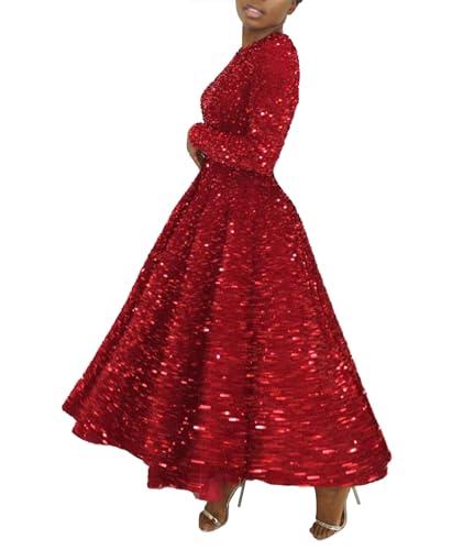 Image of SOMTHRON Women's Sequin Dress Plus Size Long Sleeve A-Line Flared Party Cocktail Sparkle Glitter Evening Shiny Maxi Dress