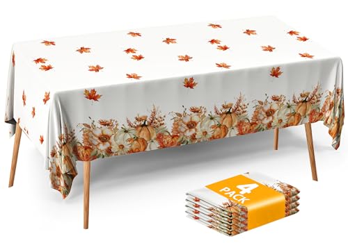 Image of ATFUNSHOP Fall Thanksgiving Tablecloth 4 Packs Plastic Disposable Table Cloth 54x108 Rectangle Table Cover with Pumpkin & Maple Leaf for Holiday Dinner Party Decorations Outdoor Picnic & Baby Showers