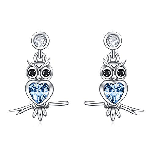 LUHE Sterling Silver Owl Earrings Dangle Earrings for Women Fashion Sterling Silver Dangling Drop Earrings Birthday Gifts for Teens Girls (Blue owl earrings)