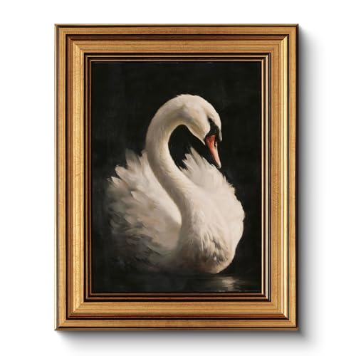 Image of HUARCEY Gold Framed Vintage Wall Art for Living Room, Animals Painting Prints Shelf Decor for Kitchen, Aesthetic Bedroom Wall Art, Best Gifts for Friends or Family - Swan Black 10L x 8W