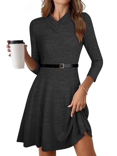 ANRABESS Women's 3/4 Long Sleeve V Neck Fall Short Dress 2025 A Line Flowy Casual Trendy Knee Length Dresses with Pockets2