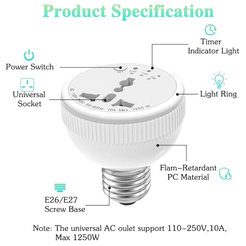 E26/E27 Light Socket Outlet Adapter with 3 Auto-Off Smart Timer Setting & Night Light,Light Bulb with Plug Outlet for US/EU/UK/in Plugs,Support Power Rating 1250W Max for Bedroom, Hallway or Bathroom - Image 3