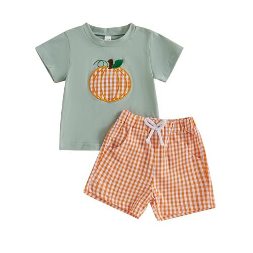 Toddler Boy Halloween Outfit Pumpkin Embroidery Short Sleeve Shirt Plaid Shorts Toddler Boy Halloween Clothes 2T 3T 4T