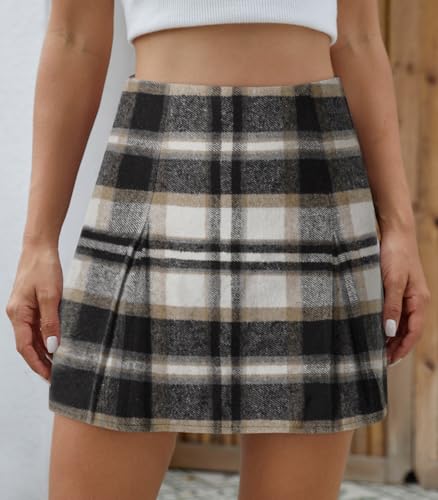 Women's Plaid Mini Skirt Zipper Side High Waisted Pleated A Line Short Skirt3