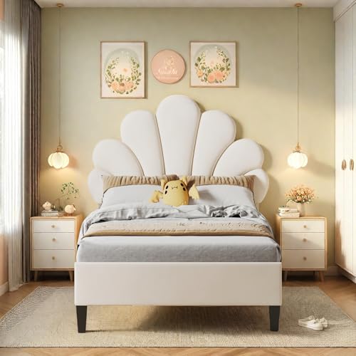 Yeutre Lit Simple Rembourré 90x200, Lit Enfant Fille avec Tête de Lits Réglable en Hauteur en Forme De Pétale, Sommier à Lattes, Lits 1 Personnes pour Fille...