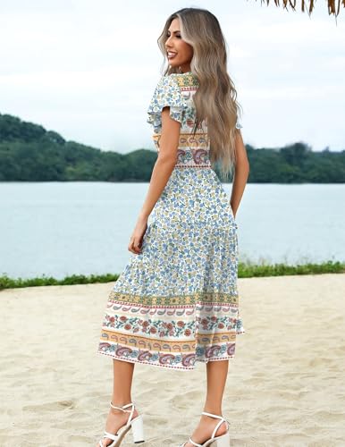 Image of Zeagoo Women's Summer Casual Dress Flutter Short Sleeve V Neck Button Down Tiered Flowy Long Dress with Pockets