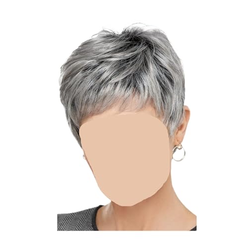 Short Pixie Cut Silvery Gray Blend Hair Wigs，Compatible For Women