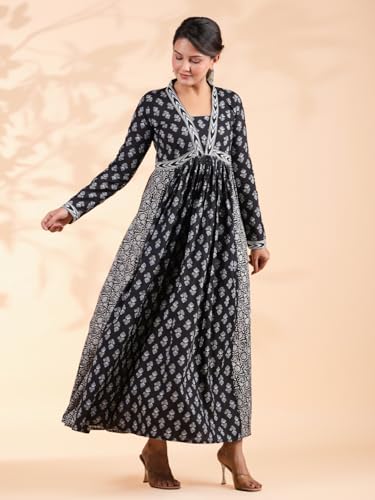 Image of Vbuyz Women's Floral Print Anarkali Cotton Aqua Blue Stitched Kurta | Anarkali Kurti for Women | Kurta for Women