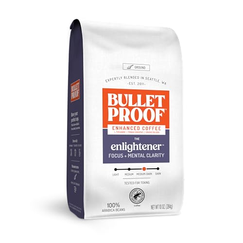 Bulletproof Enlightener Ground Coffee, Enhanced Coffee with L-Theanine, Panax Ginseng and Gingko Biloba, Supports Mental Clarity, Focus, and Memory, Medium-Dark Roast, 10 oz