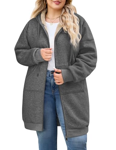 Plus Size Casual Zip Up Hoodie for Women, Long Tunic Fleece Jacket Coat, Warm Winter Hooded Outerwear