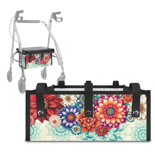 Uorisanigo Boho Floral Walker Baskets for Rolling Folding Walker Replacement Walker Bag Under Seat Bag for Four Wheel Rollator Wheelchair Accessories Gifts for Seniors