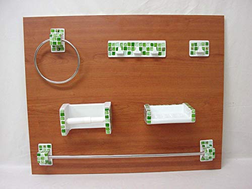 CONJUNTO 6 PIEZAS PARED BAÑO JUEGO SET TOALLEROS JABONERA PERCHAS PORTAROLLOS PORCELANA MOSAICO VERDE Cover