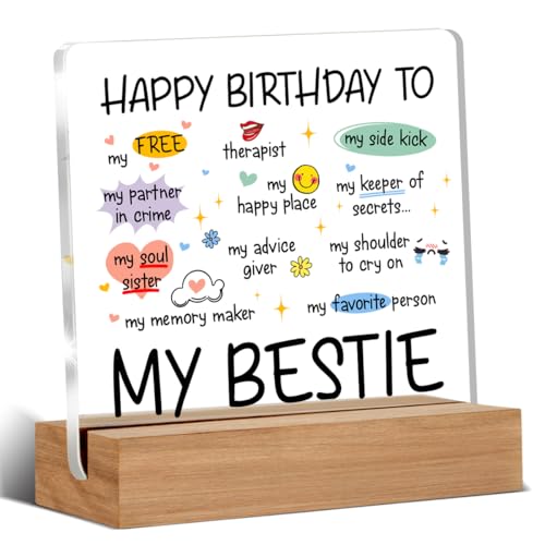 Funny Birthday Gifts for Women Bestie Sister Her, Friendship Gifts for Best Friend, Happy Birthday to My Bestie Acrylic Sign Desk Decor 4 x 4 Inches