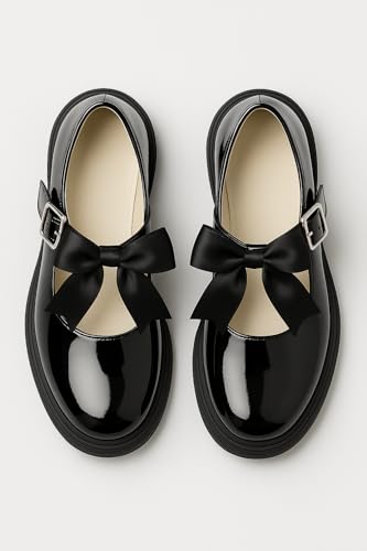 Girls' Black Patent Mary Janes with Satin Bow Ankle Strap Buckle Closure Shoes2