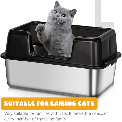 Image of Qpets Stainless Steel Cat Litter Box - Open Large Size with Scoop & High Fence, Anti-Splash Design - 50x23x35CM