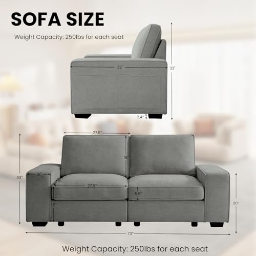 Image of TEKAMON 73 inch Modular Sofa Couch with Seat Storage, Comfy 2-Seater Chenille Fabric Loveseat Sofa for Living Room, Office, Apartment W /Deep Seat, Wide Armrest, USB Charing Removable Cover(Light Grey)
