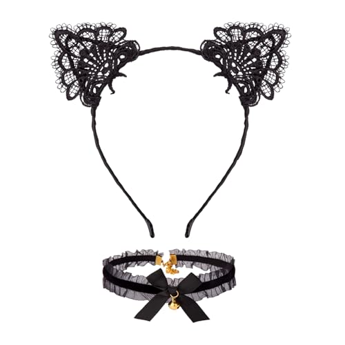 JIALWEN Black Lace Cat Ear Headband & Lace Collar with Gold Bell Halloween Party Costume Hair Hoop Cosplay Masquerade Dress Up Accessories