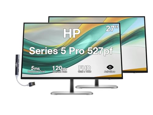 Image of HP Series 5 Pro 527pf 27 inch FHD IPS Monitor with 5ms Response Time, Anti Glare, Flicker Free, 350 Nits VESA Mount (100mm), Displayport, HDMI & Dockztorm USB Port Expander, Black (B28F5UT#ABA) 2 Pack