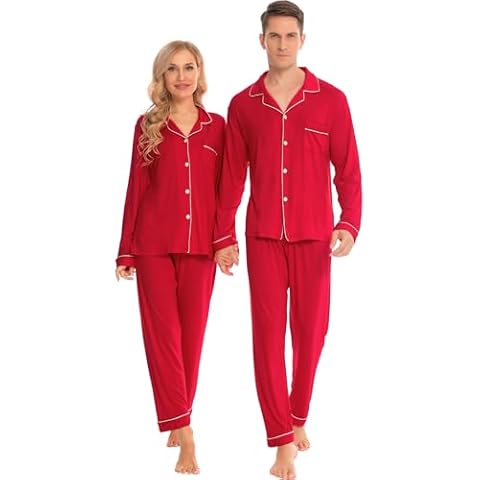 SWOMOG Couples Christmas Pajamas Set Women & Men Long Sleeve Pj Set Party Holiday Sleepwear Button-Down Loungewear Set womens Red X-Large Cover