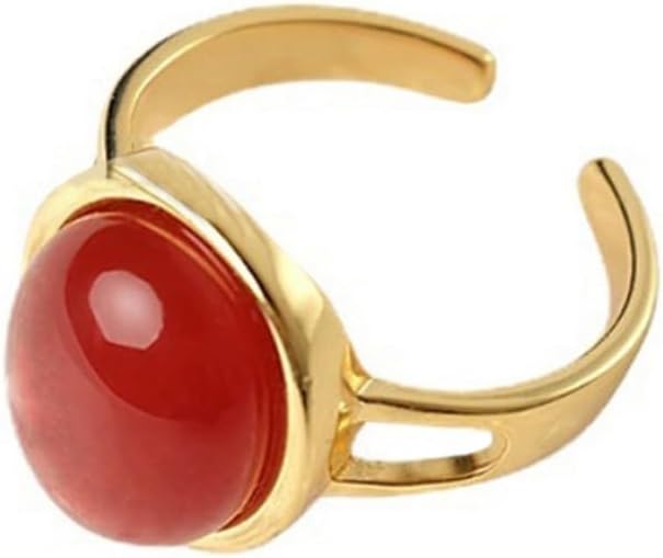 Dtja Vintage Red Stone Gold Plated Statement Adjustable Ring for Women Oval Round Birthstone Expandable Open Wrap Finger Rings Retro Birthday Anniversary Jewelry Gift Size 6-9
