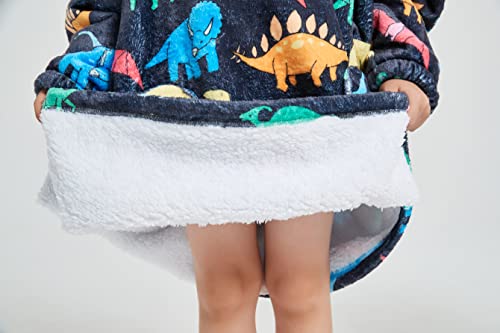 Mewkou Wearable Blanket Hoodie For Kids 4-12Yr,Oversized Sherpa Hooded Wearable Blanket Sweatshirt With Pockets,Gifts For Girls Boys Teens Birthday Christmas,Little Dinosaur #TOP3