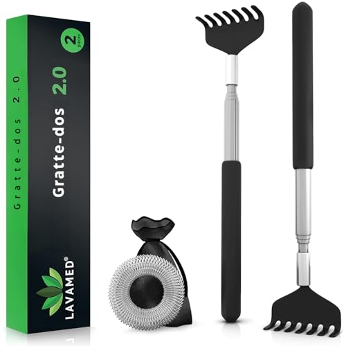 LAVAMED 2x Gratte Dos Extensible - Acier Inoxydable Grattoir Dorsal avec bras télescopique de 58cm - Haute Qualité Gratte-Dorsal Idéal Comme Cadeau, Cadeau Amusant-Set de 2