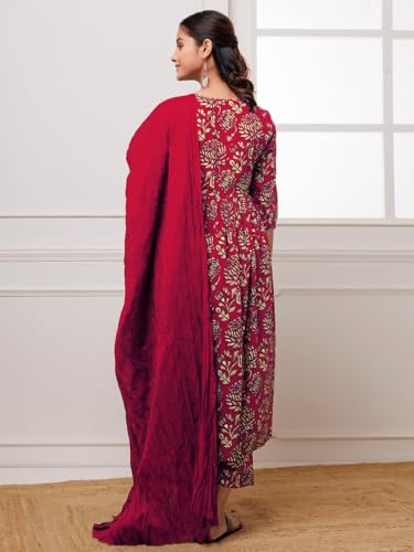 Image of GoSriKi Women's Cotton Blend Anarkali Printed Kurta with Pant & Dupatta
