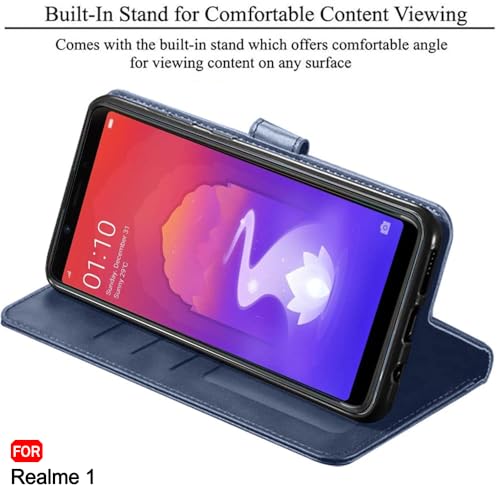 Image of TheGiftKart Flip Back Cover Case for Realme 1 | Dual-Color Leather Finish | Inbuilt Stand & Pockets | Wallet Style Flip Back Case Cover for Realme 1 (Faux Leather, Blue & Sky)