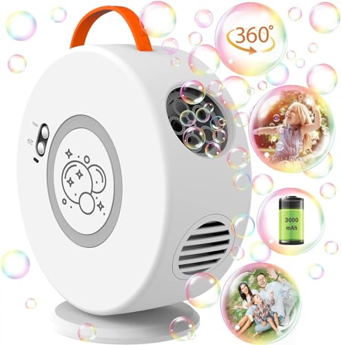Bubble Machine Automatic Bubble Blower for Kids Toddlers Rechargeable Battery Portable Bubble Maker Electric Bubble Machine Auto Rotating 90°/360° Outdoor Toy for Easter and Birthday Gift (White)