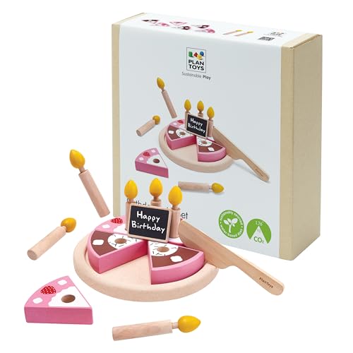 PlanToys® Pretend Play Birthday Cake Set | Food Toy with Removable Slices, Candles, Wooden Knife & Chalkboard Nameplate | Educational Toy for Imagination, Fine Motor Skills & Social Play
