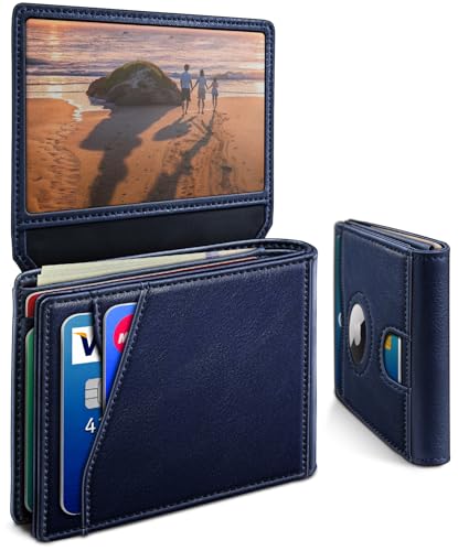 Image of miyozi AirTag Wallet for Men, Slim Leather Bifold with Holder Slot, 2 ID Windows & 13 Card Slots, RFID Blocking Front Pocket Wallet with Gift Box
