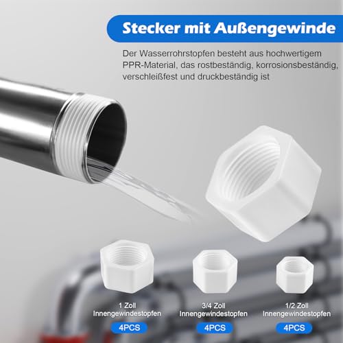YiJiuBa 24Pcs Blindstopfen Wasserleitung mit Dichtung, Blindstopfen 1 1/2 3/4 zoll Wasserleitung Außengewinde und Innengewind, BSP Verschlusskappe für Waschmaschine Geschirrspüler Wasse