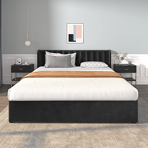 Crlnaup Cama tapizada 180 x 200 cm terciopelo con somier de listones respaldo 2 cajones negro
