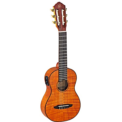 Ortega Guitars Reise Gitarre Elektro-Akustisch – Mini Travel Series – Geflammtes Mahagoni, Hochglanz Natur (RGLE18FMH)