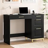 4 EVER WINNER Black Desk with Golden Handle and Drawers, 43” Home Office Desk with Drawers, Small Desk for Bedroom, Study Table with Storage, Writing Desk for Small Space, Black