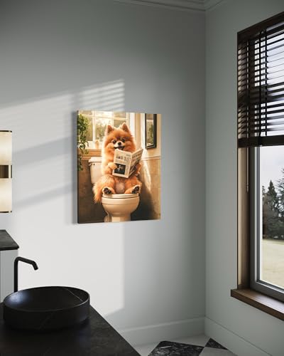 Image of Pomeranian on Toilet Wall Art Print Canvas Wrapped, Dog Bathroom Humor Decor Posters Prints for Restroom Home Picture Painting Artwork Gallery 7 (Pomeranian, 20 inchL x 16 inchW CANVAS, Wrapped Canvas)