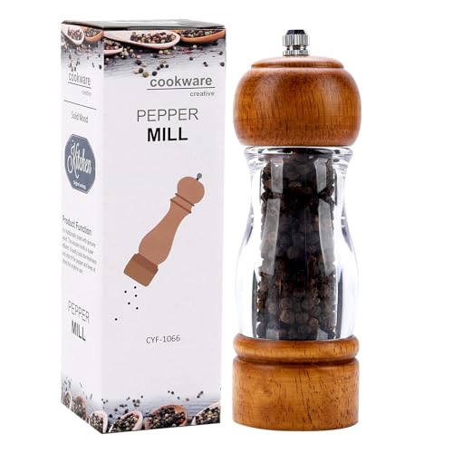Dzmbv Vintage Wooden Pepper Mill Grinder- 6.3 inches Acrylic Salt & Pepper Shakers with Adjustable Coarseness, Refillable Manual Ceramic Core Grinder for Kitchen, Home, Gift