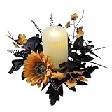 mdgfge Halloween Artificial Black Maple Leaves Sunflower Candle Rings Wreath Gothic Pillar Center Boho Candle Holder for Halloween Fall Wedding Party Home Door Centerpieces Table Décor (1 Pc)