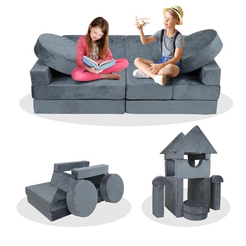 Image of PERFECT GARDEN Nugget Couch Kids 14pcs Modular Kids Play Couch Building Fort, Nugget Play Couch Kids Foam Couch for Playroom Bedroom Boy Girl Teens Gifts,Grey