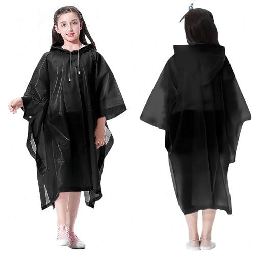 Bosdontek 2 St&uuml;ck Regenponcho Kinder Wasserdicht Wiederverwendbar Regencape Kinder Regenmantel Kinder, Atmungsaktiv Raincoat Kids mit Kapuze (DE/NL/SE/PL, Alter, Einheitsgr&ouml;&szlig;e, Gro&szlig;e Gr&ouml;&szlig;en, Schwarz)