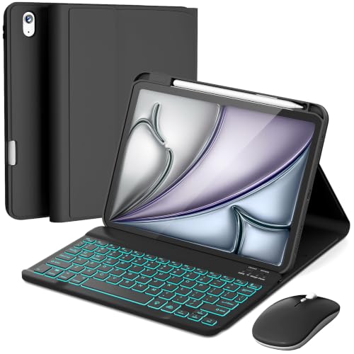 Image of RAYMCRAFT for iPad Air 11-inch Case with Keyboard M4 /M3 /M2 (2026 /2025 /2024), Mouse and Detachable Wireless Keyboard Combo for iPad Air 5th /4th 10.9-inch, 7-Color Backlight with Pencil Holder, Black