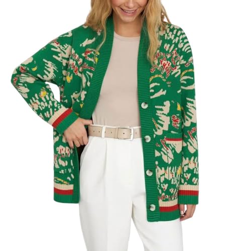 chouyatou Women's Boho Floral Pattern Cardigans Button Down Color Block Knitted Cardigan Sweater Coat with Pockets