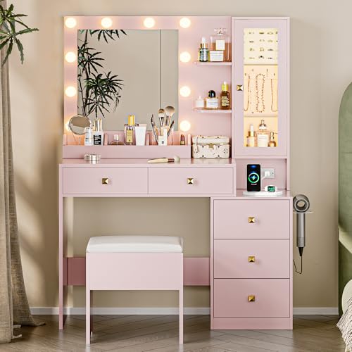 Image of Vanity Desk with Mirror and Lights, Pink Makeup Vanity with 5 Drawers Hidden Jewelry Organizer& LED Glass Cabinet,3 Light Mode and Brightness Adjusted,Vanity Mirror with Lights Desk and Chair