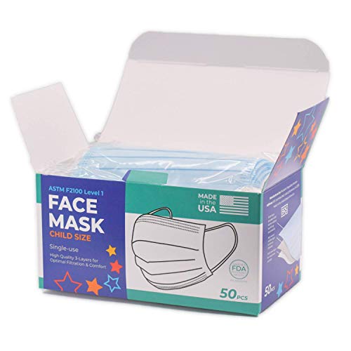Kid and Toddler Disposable Face Masks for Boys and Girls - Made in USA- Breathable & Comfortable Bulk Face Covers in Childrens Size for School, Home, Indoor Activities and Travel (50 Count)