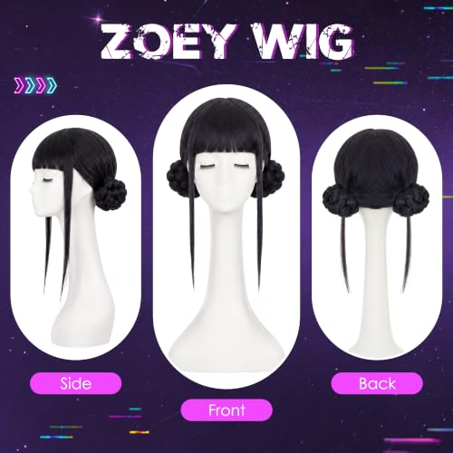 Image of S-noilite Zoey Black Blue Anime Wig with Space Buns and Bangs for Halloween